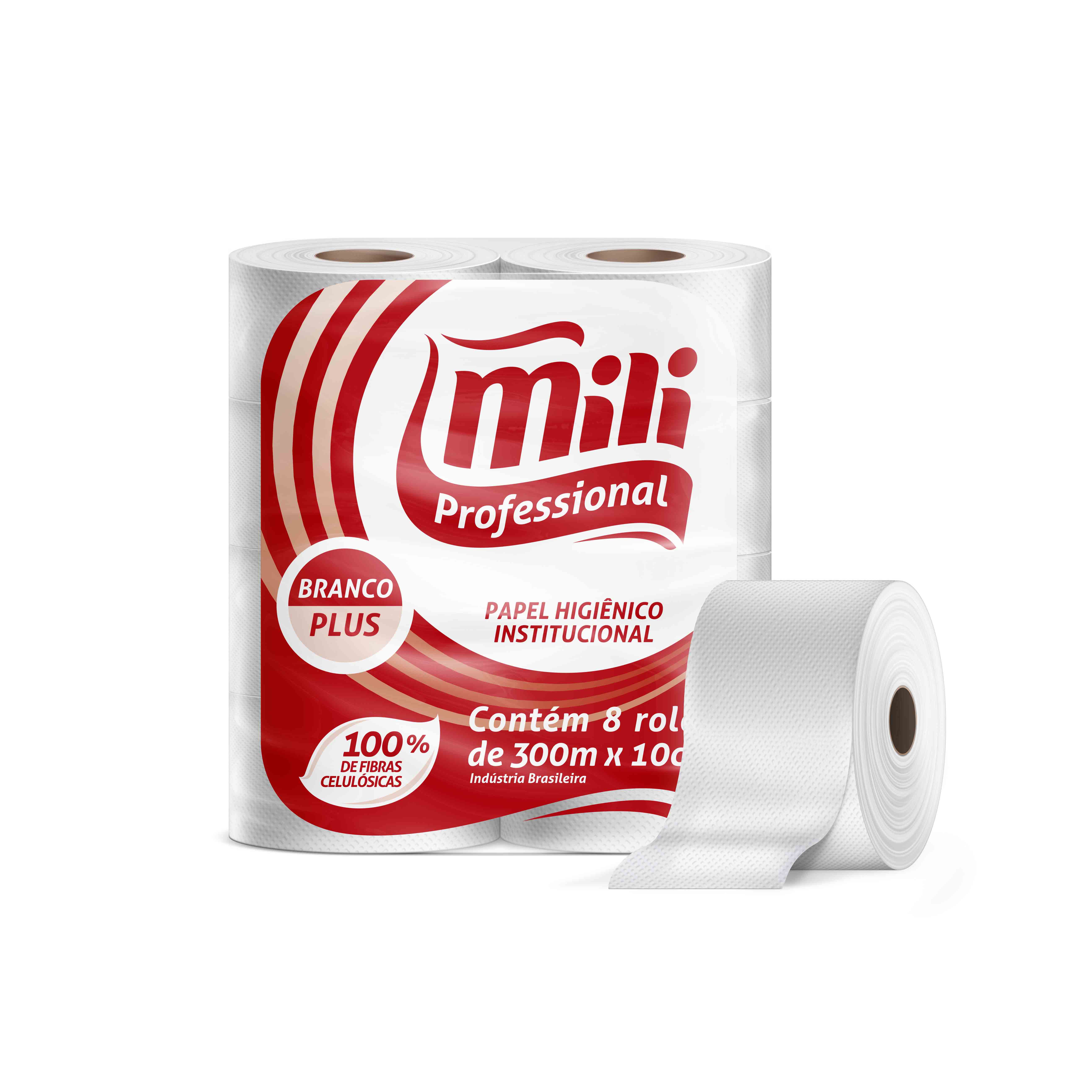 Papel Higiênico Mili Plus 100% fibra branco fs 300x10cm frd 8 rolos.